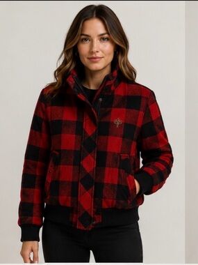 Y2k Southpole womens jacket coat plaid buffalo size medium full zip red black